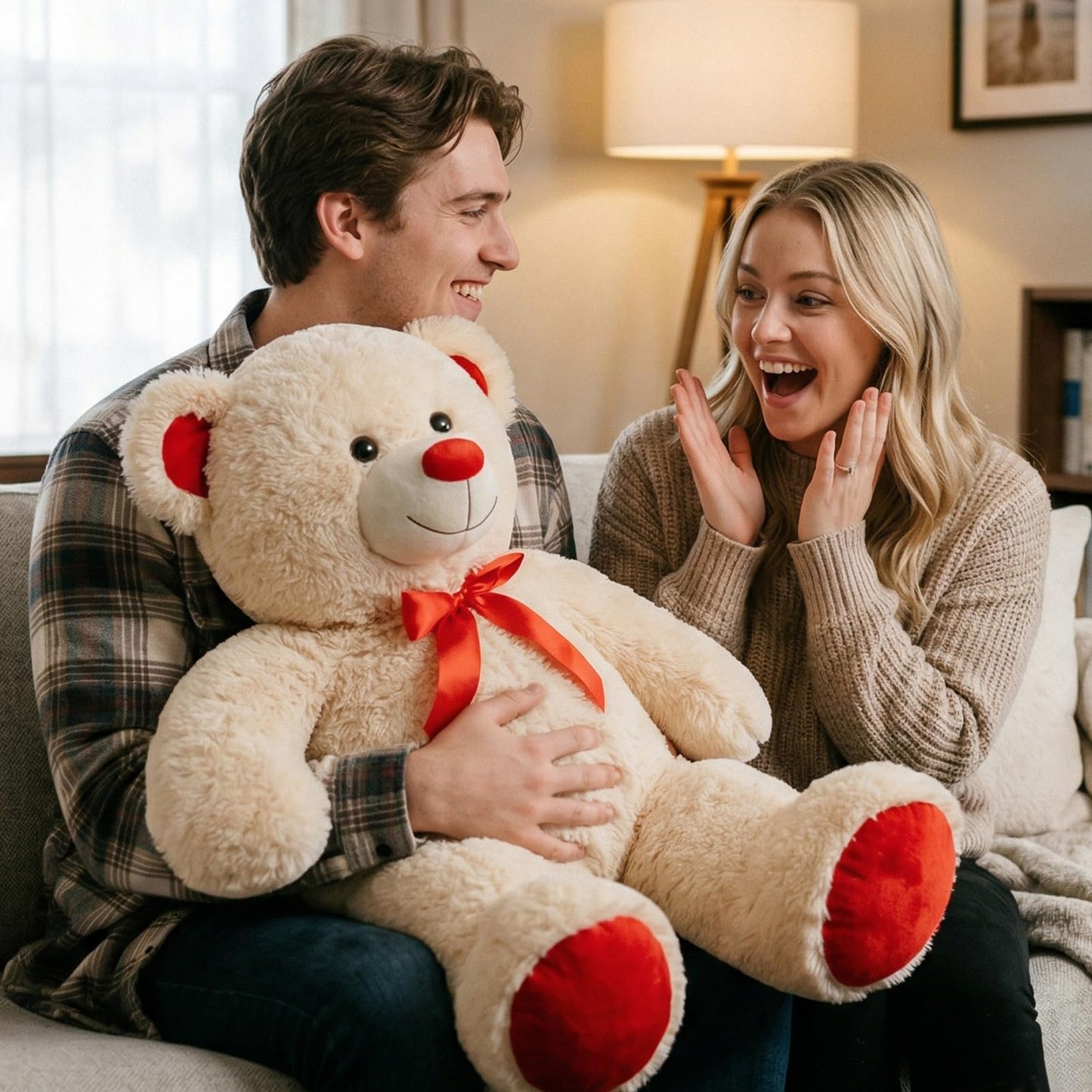 WENMOTDY Huge Teddy Bear Stuffed Animal Giant Teddy Bear Plush with Red Ribbon Bow Day Plush Toy Gift for Girlfriend and Kids 36 inch Beige