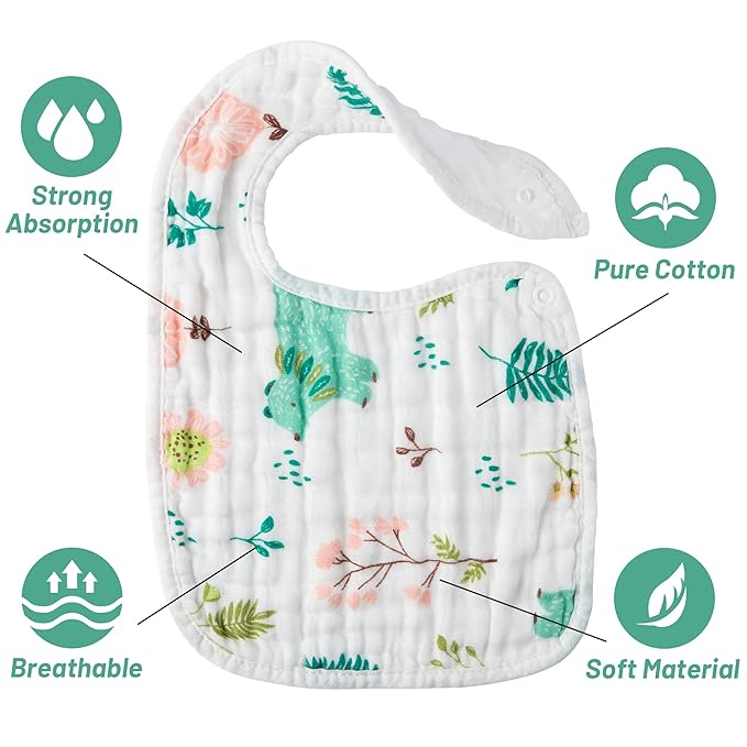 Zainpe 6Pcs Snap Muslin Cotton Bibs for Baby Rainbow Unicorn Flamingo Machine Washable Burp Cloths with 6 Absorbent Soft Layers for Girl&Boy Infant Newborn Toddler Feeding Drooling Teething