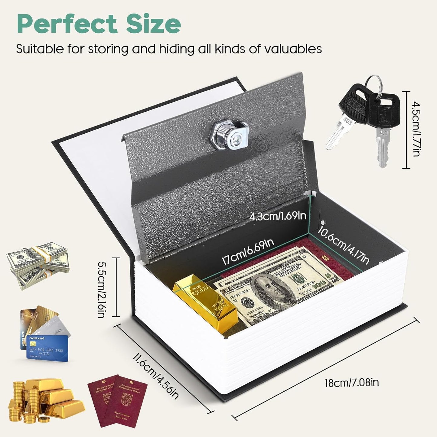 Book Safe With Combination Lock or Key, Dictionary Hidden Safe with 3 Digit Combination Lock, Portable strongbox Perfect for Coins, Cash, Money and Jewelry, Waterproof (Blue（key）)