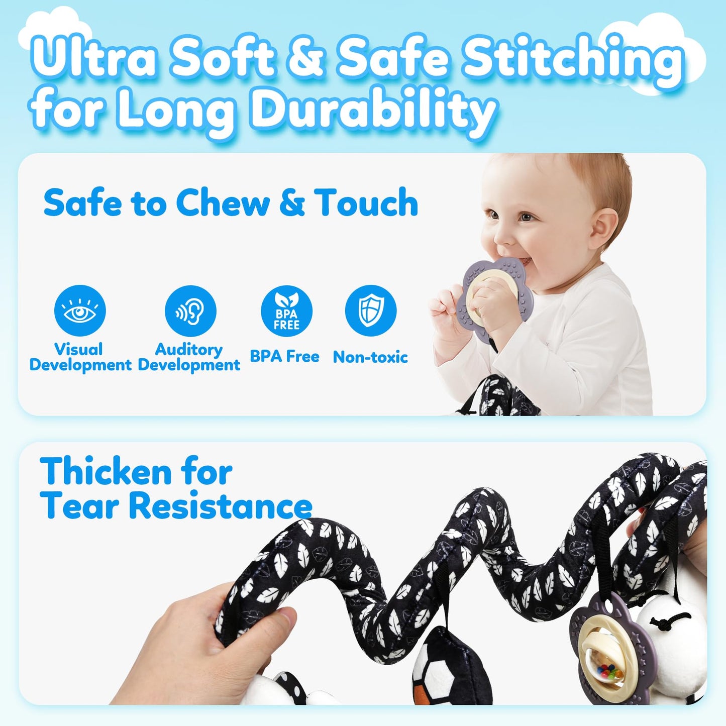 GKDOMS Baby Carseat Toy Black & White Rattle Spiral Hanging Activity Stroller Toy for Newborns Boys and Girls - Bear