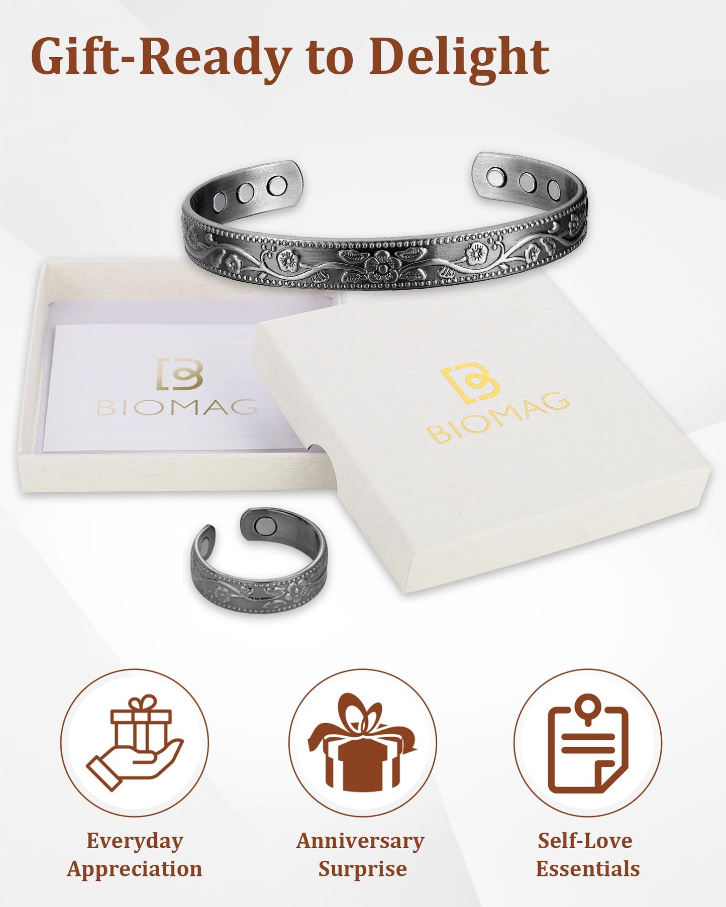 BioMag Copper Bracelet & Ring for Women, 99.99% Pure Copper Magnetic Bracelet Lymphatic Drainage Rings with 3500 Gauss Magnets, Adjustable & Flower Pattern (Antique Silver-A)