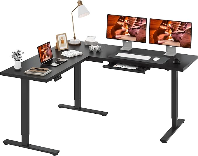 L-Shaped Standing Desk, 71 x 63 Inches Height Adjustable Desk with Storage, Sit and Stand up for Work Office Home, Ergonomic Rising Computer Table for Home Office with Splice Board, Black