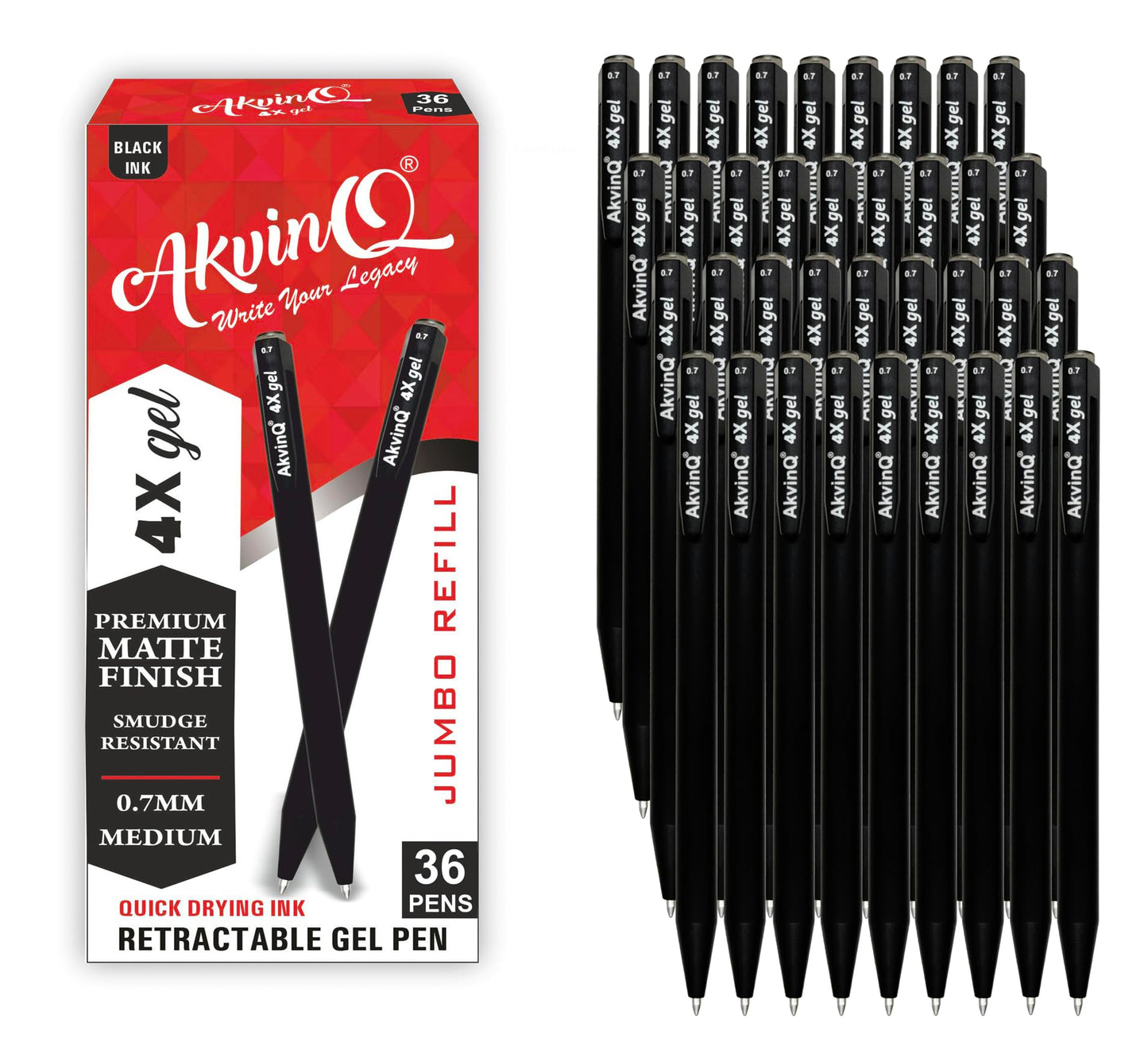 AKVINQ® 4X Gel Retractable Gel Pen | 0.7mm Medium Point | Black Gel Ink Pens | Pack of 36 Pens | Premium Matte Finish | Jumbo Refill | Bulk Pack for Journaling, Writing, Note-Taking, Office Supplies