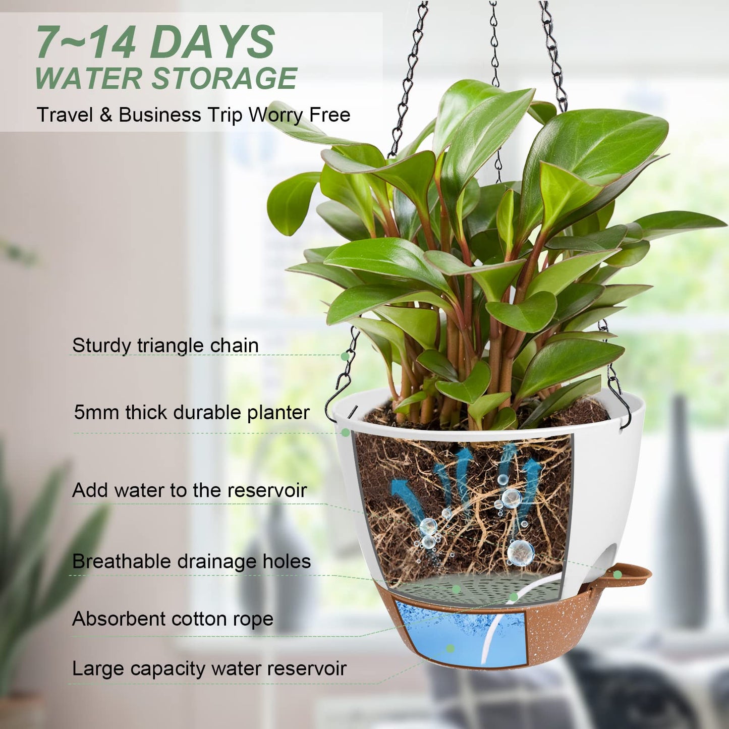Vanslogreen Hanging Planters for Indoor Outdoor Plants, 2 Pack Self Watering Hanging Pot with Drainage Holes & Removable Tray (White, 8'')