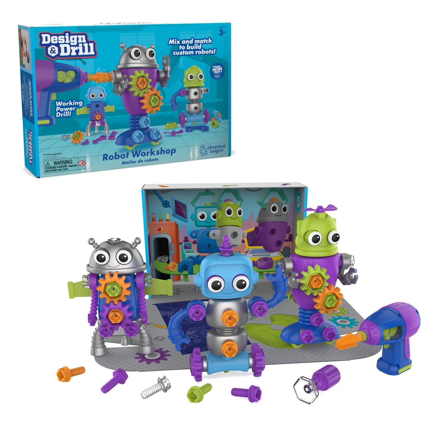 Educational Insights Design & Drill Robot Workshop - Construction Toys & Tools for Kids, Robot Toy Building Sets, Kids' Tool Set with Real Electric Drill Toy, Take Apart STEM Set, Gifts for Ages 3+