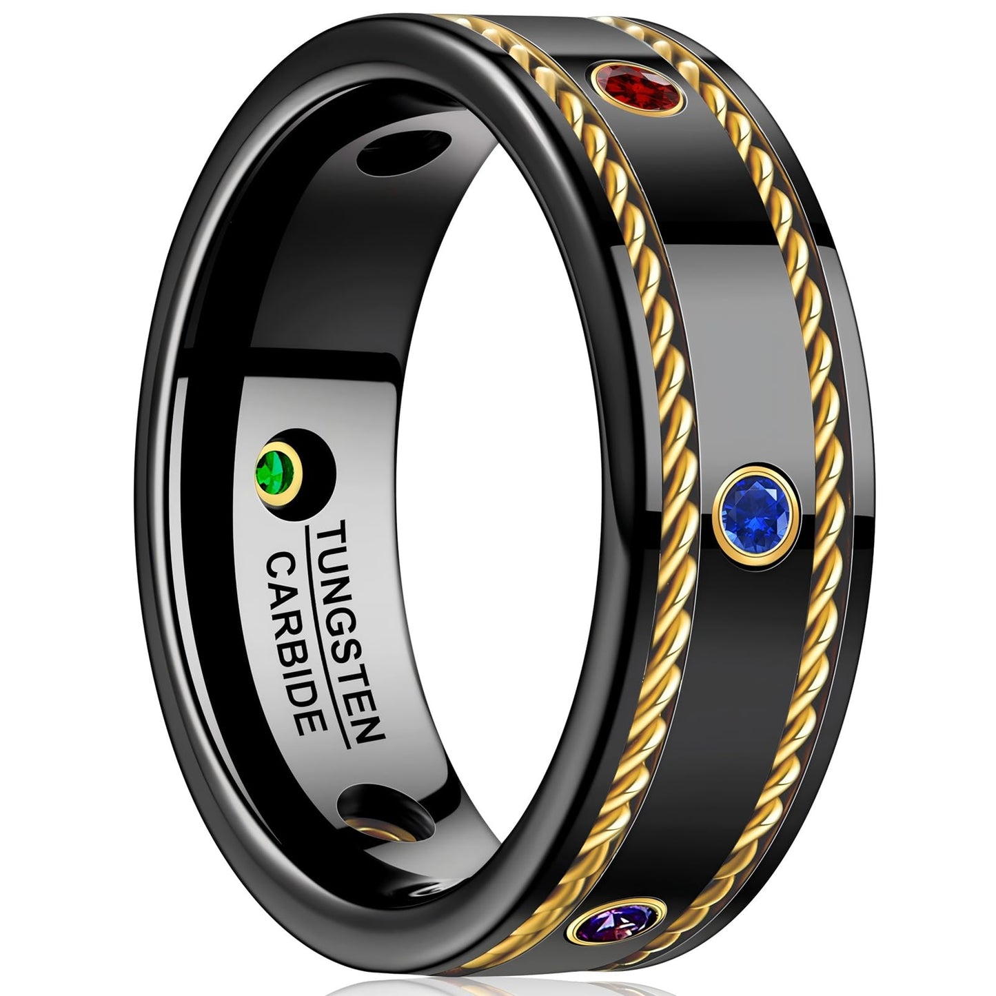 NUNCAD Wedding Gift for Men 8mm Black Tungsten Carbide Ring with Color Cubic Zirconia, Scratch Resistant Comfort Fit Anniversary Band, Durable gifts for men