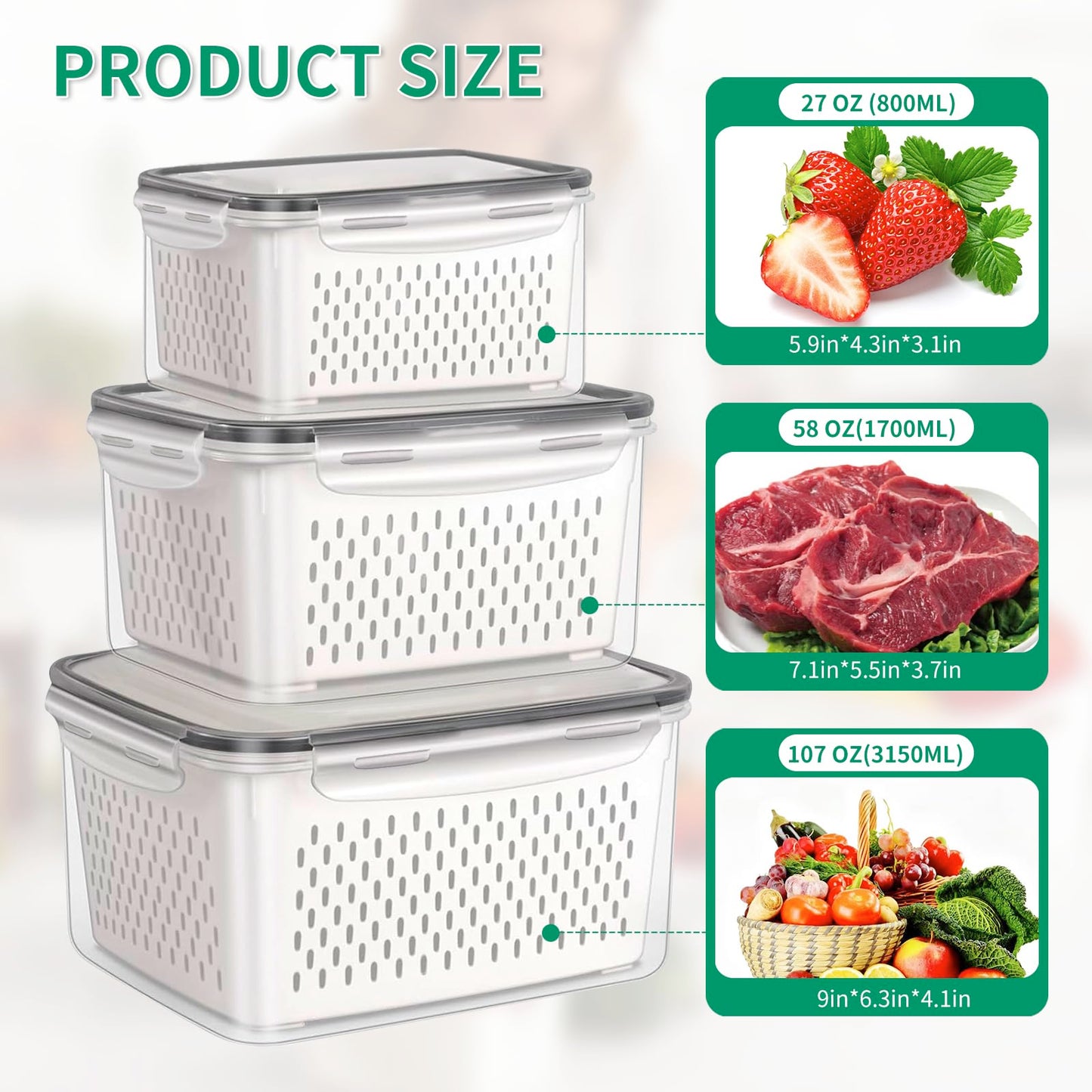 3 Pcs Fruit Containers for Fridge, Strawberry Storage Containers for Fridge, Food Storage Container with Airtight Lid, Removable Colander Basket for Rinsing and Draining, Keep Produce Fresh Longer