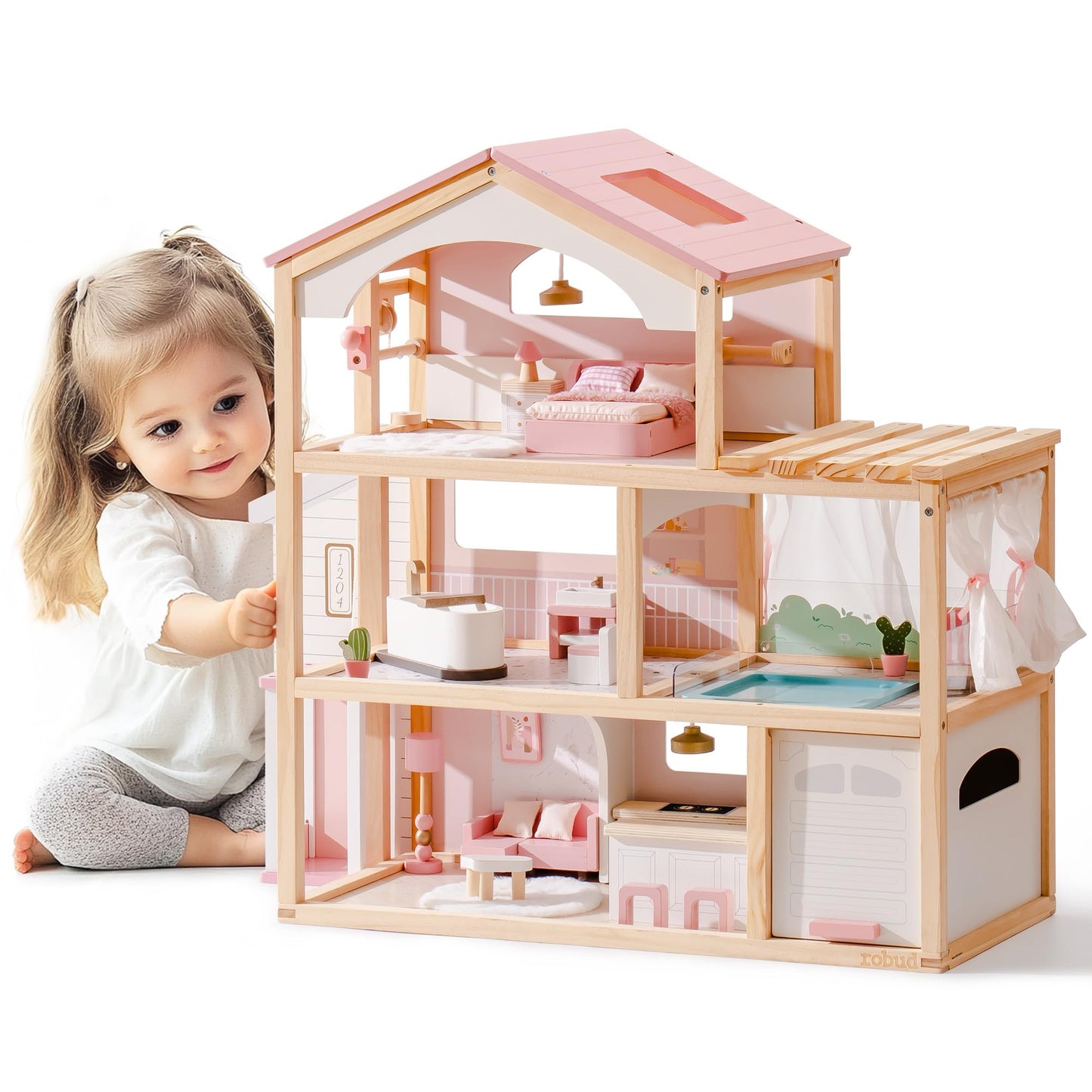 ROBUD Doll House, Wooden Dollhouse with 6 Rooms, 29-pcs Furniture Set, Working Elevator, Garage, Swimming Pool, Ideal Gift for Kids Ages 3+ (Pink)