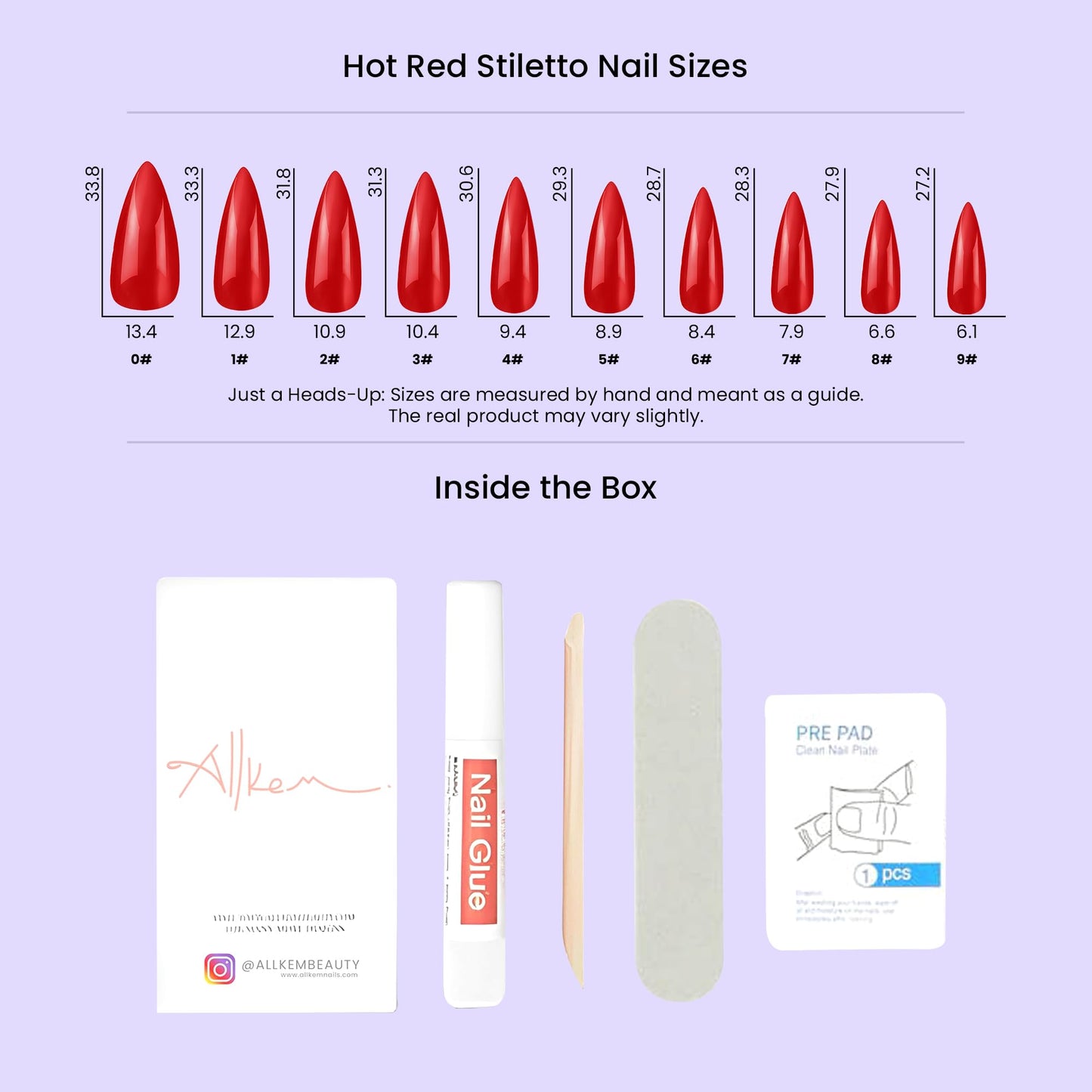 Allkem Press On Nails - Hot Red Glossy Extra Long Stiletto Sculpted Multipack | 10 sizes - 100 pcs False Nails Full Cover Nail Kit with Glue