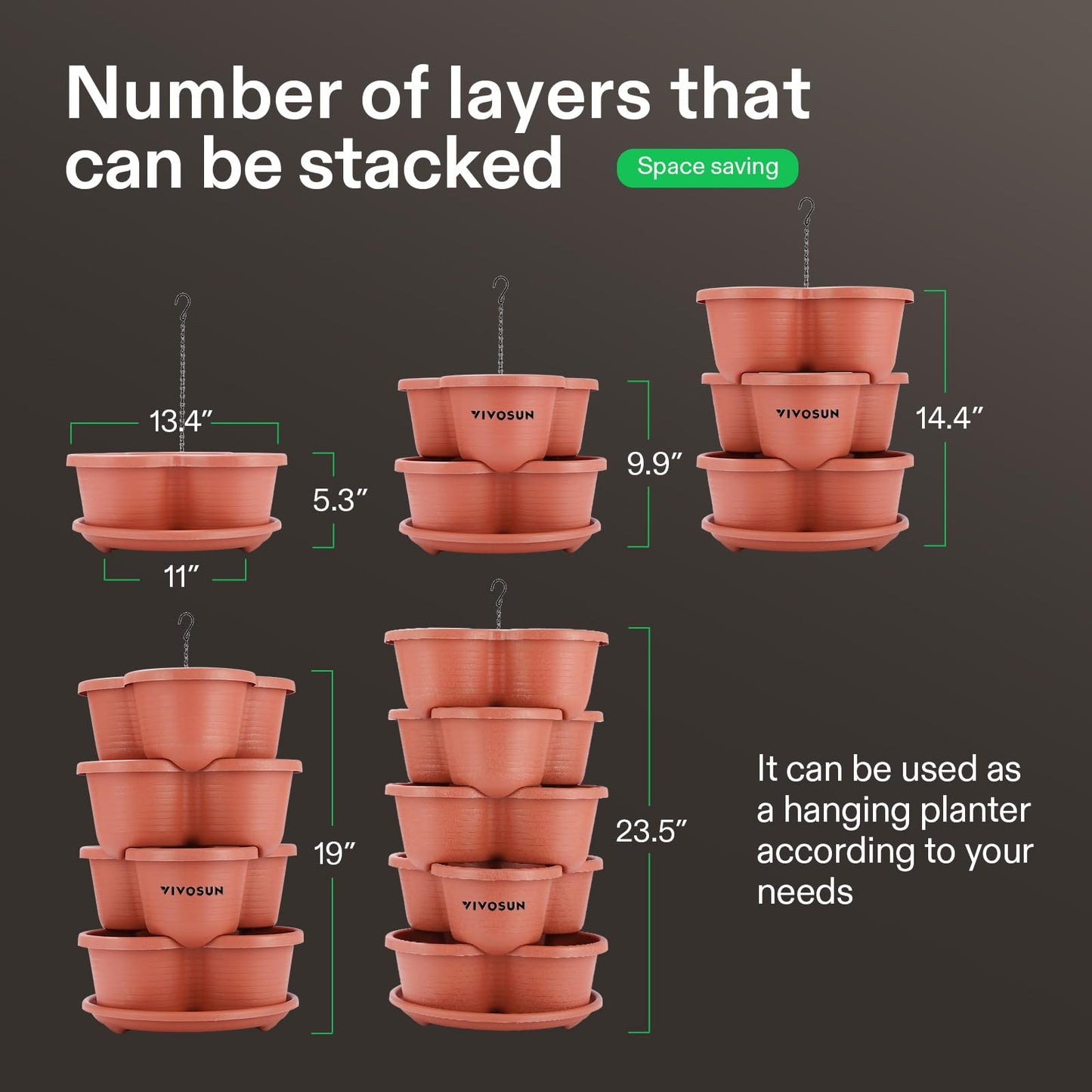 VIVOSUN 2-Pack 5 Tier Vertical Gardening Stackable Planter for Strawberries, Flowers, Herbs, Vegetables, Brown