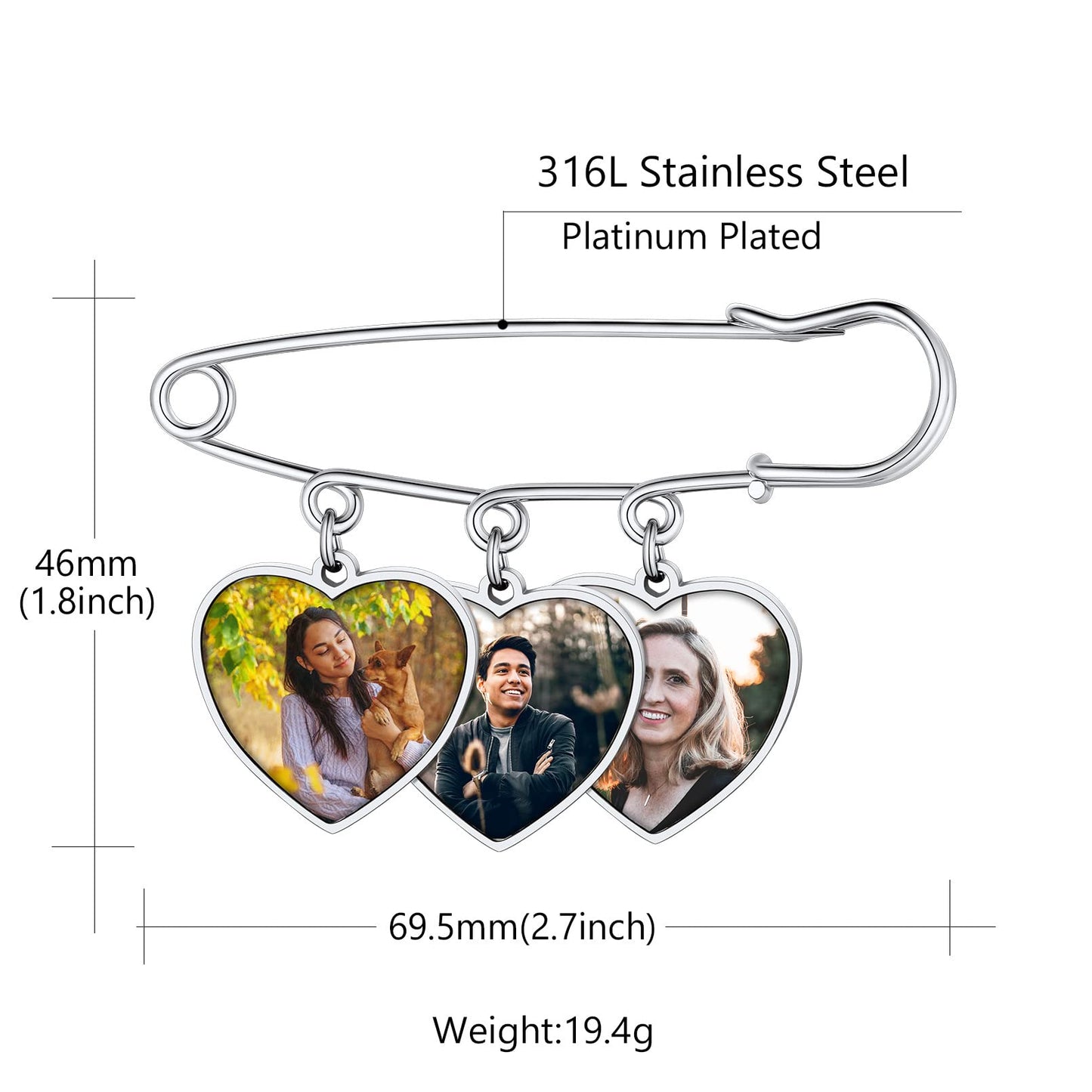 Custom4U Memory Charms for Wedding Bouquet Customized with 3 Pictures Custom Photo Brooch Pins Funeral Boutonniere Heart Shaped Charm Memorial Jewelry