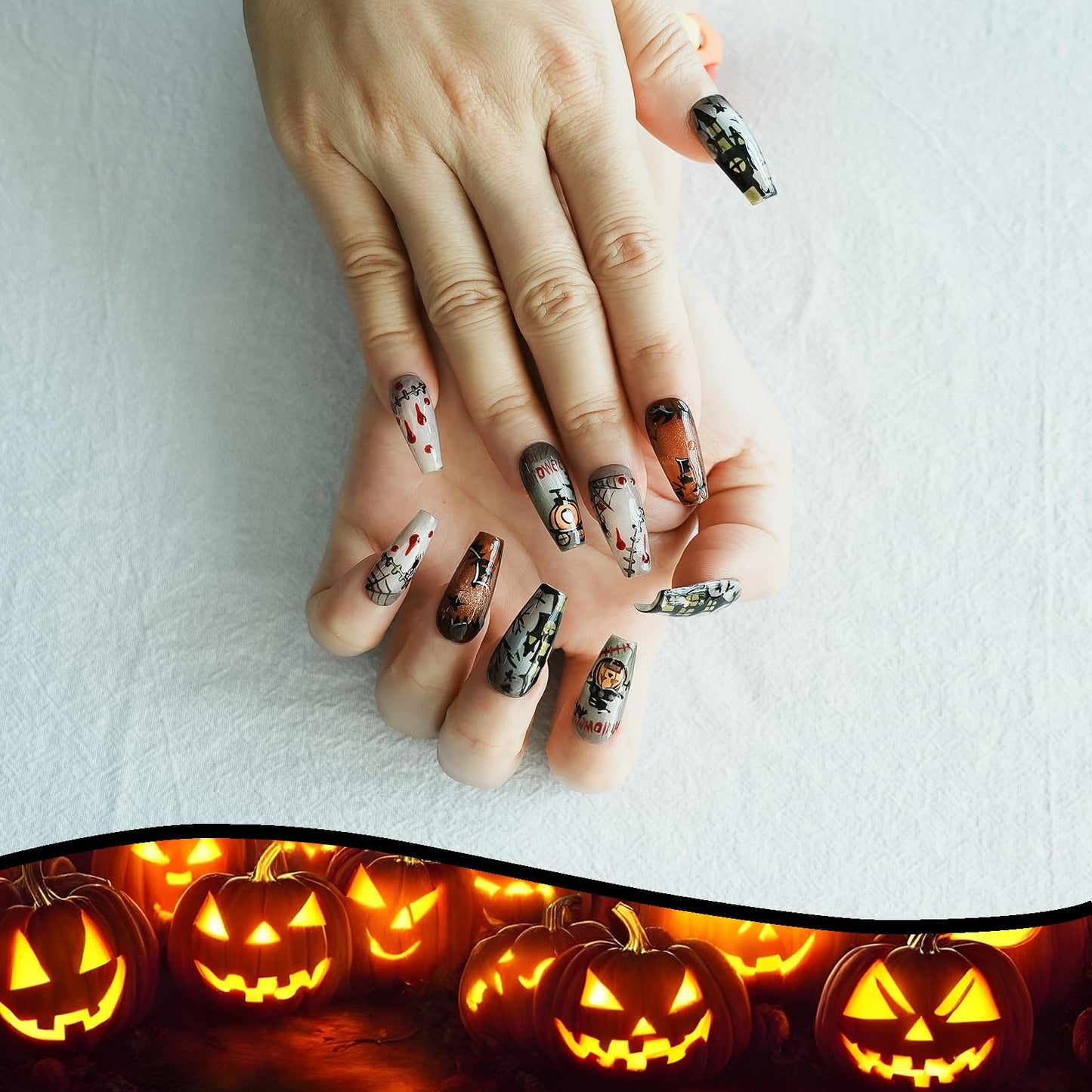 Tesytto Handmade Press on Nails Long Coffin - Cartoon Story with Horror Design for Parties, Halloween (Halloween House Story,S)