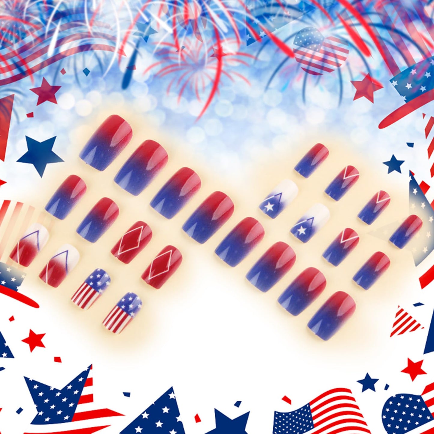 4th of July Press on Nails Glossy Blue Ombre Glue on Artificial Fingernails American Flag Fake Nails 24 Pcs Independence Day Acrylic False Nail HZJXRT Medium Square Stick on Nail for Women Gift