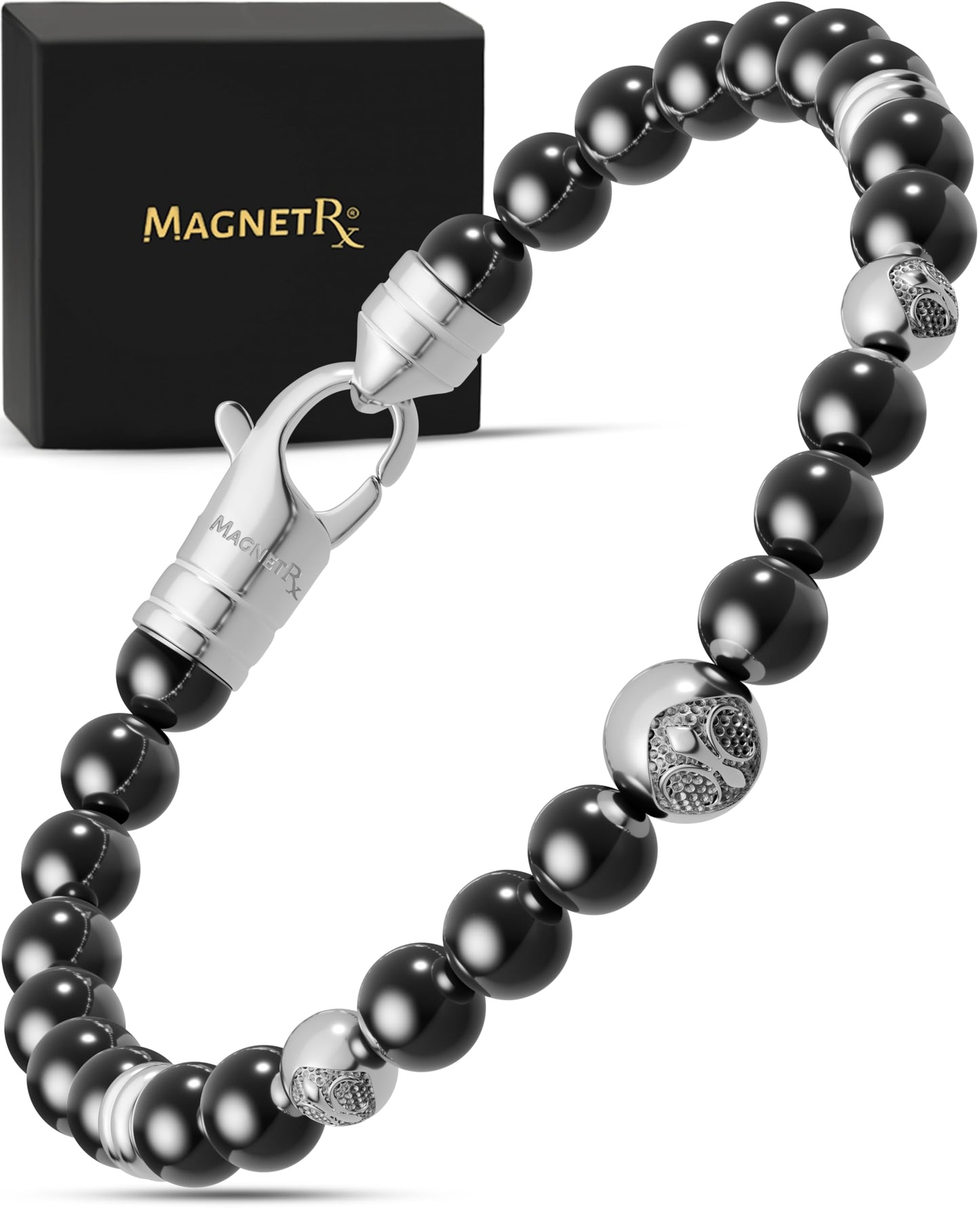 MagnetRX® Hematite Magnetic Bracelet – Max Strength Magnet Stones with Stainless Steel Charms – Elegant Hematite Beaded Bracelets for Men (Armory | Small)