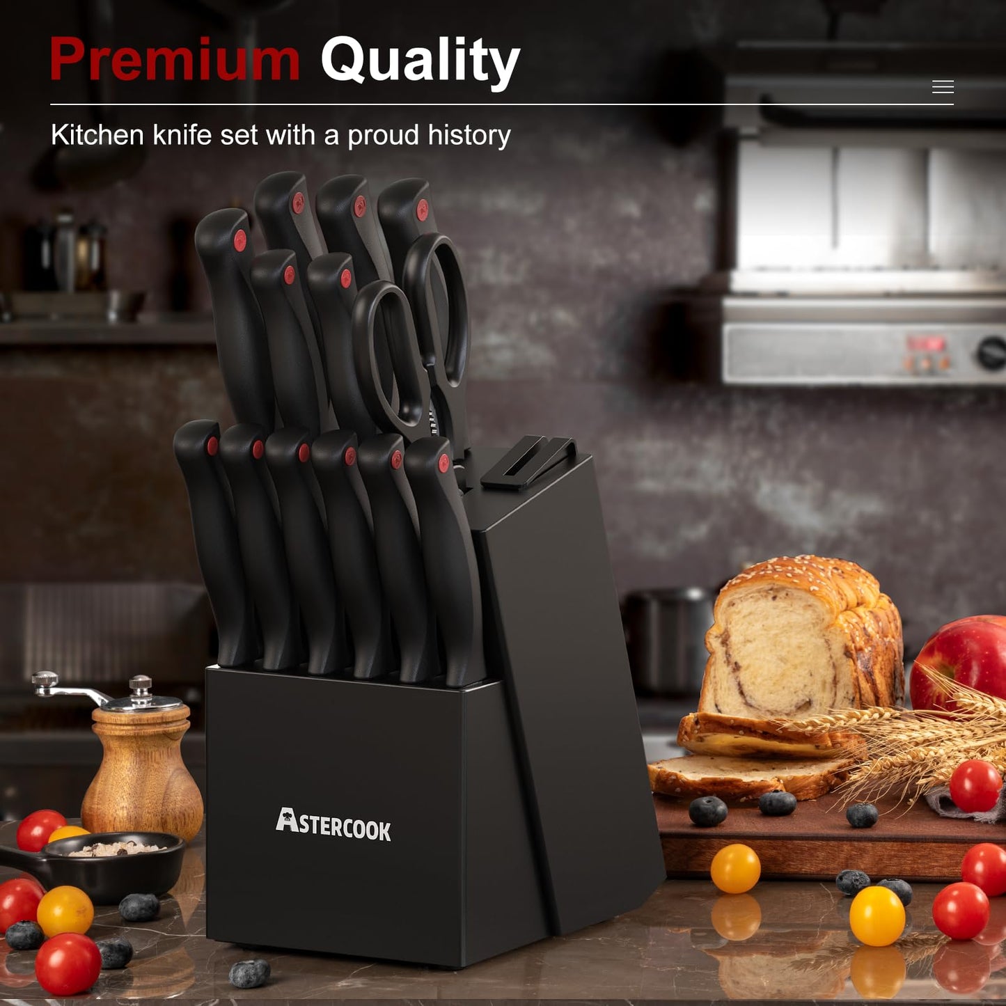 Knife Set, Astercook 15 Pieces Knife Sets for Kitchen with Block, Dishwasher Safe Kitchen Knife Set with Built in Sharpener Block, German Stainless Steel Knife Block Set, Mothers Day Gifts for Women