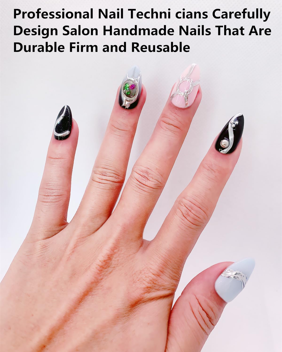 CAMILCY Handmade Nails Press on Long Gradient Blue Black Silver Halloween Star Design Hand painted Reusable Gel UV Finished Pre shaped Artificial False Nails for Women 10pcs 3D Nails (A077, S)