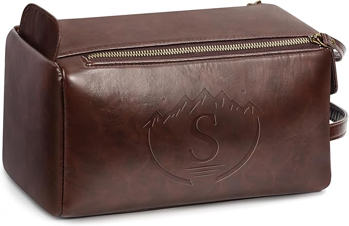 Personalized Toiletry Bag for Men,Initial Mens Toiletry Bags for Traveling,Men Travel Toiletries Bag,PU Leather Shaving Bag for Toiletries Accessories kit,Dark Brown S