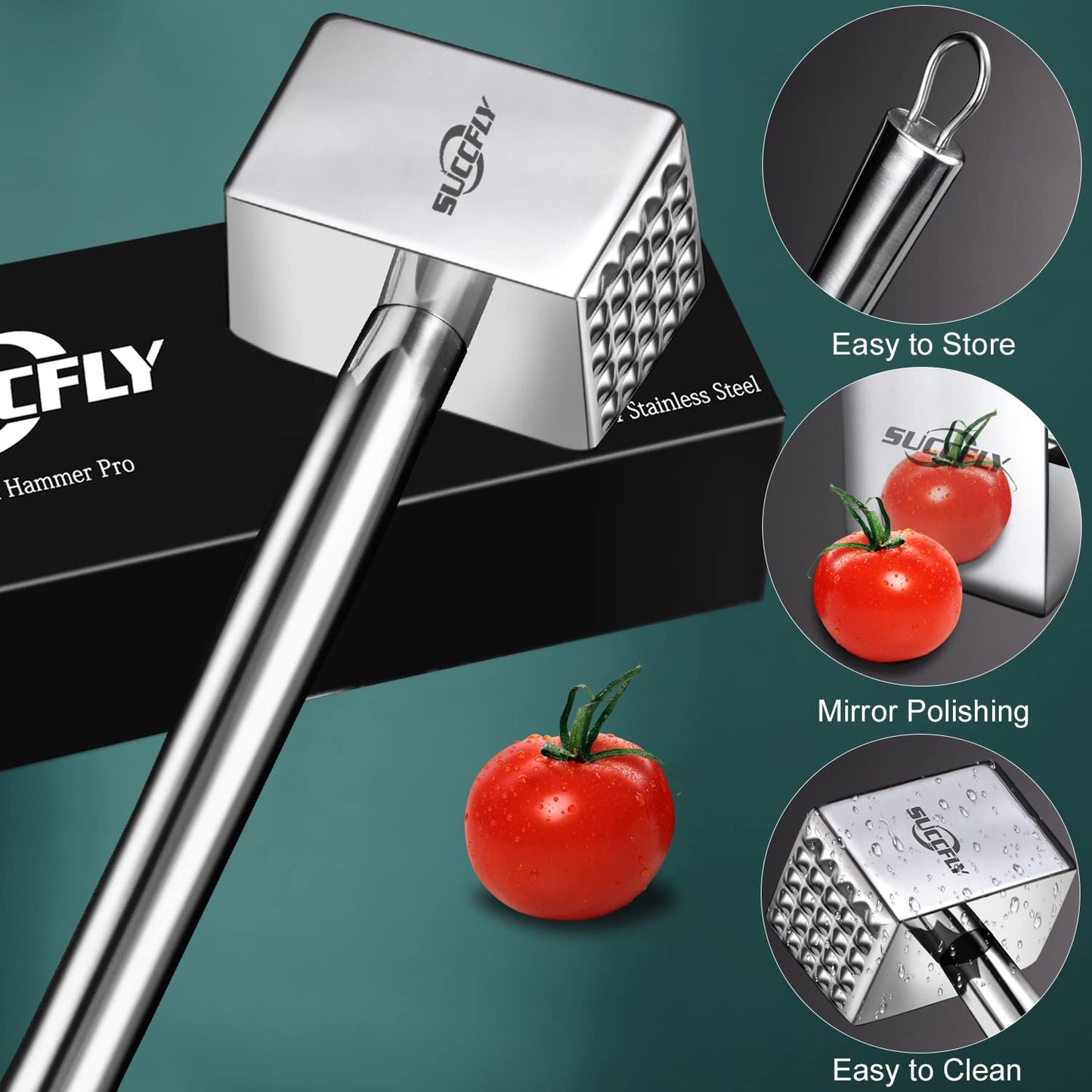 SUCCFLY Meat Tenderizer Stainless Steel, Heavy Duty Meat Hammer, Kitchen Meat Mallet 1.65LB Meat Pounder Flatterner Weighted Hammer Extended Handle for Labor-saving Chicken Steak Meat Tenderizer Tool