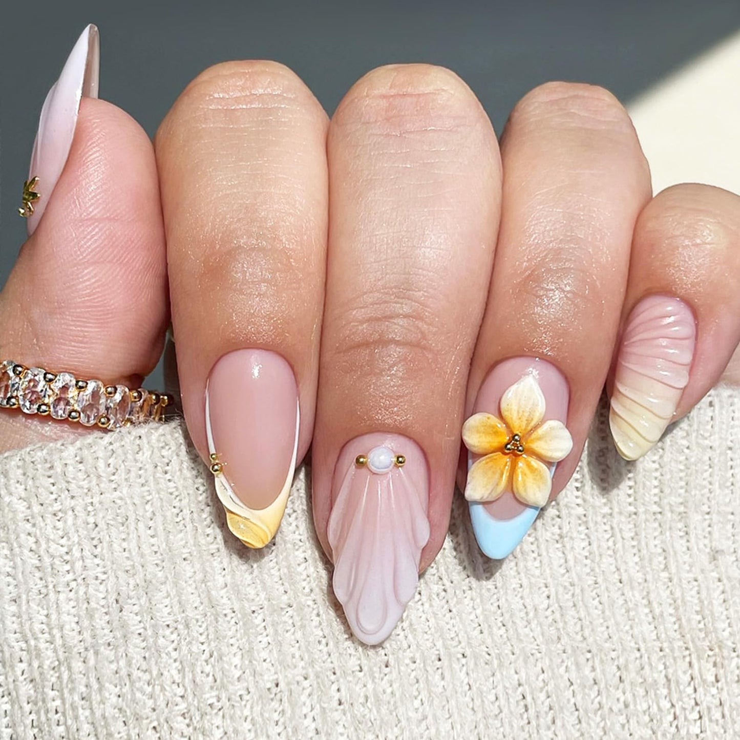 IMSOHOT Press on Nails Medium Almond, Blue Yellow French Nail Tips, Full Cover Handmade Acrylic False Nails with 3D Flower Designs, Reusable Fake Nails for DIY Manicure in 24 Pcs