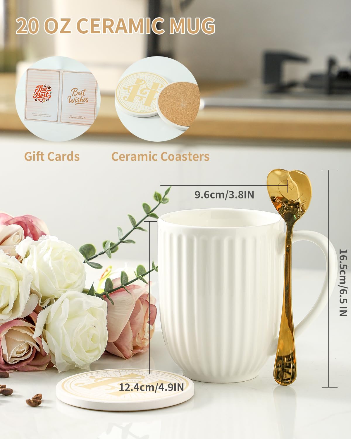HASENSE Porcelain Coffee Mugs Set of 2, 20oz Large Ceramic Cups with Gift Box, Spoons & Coasters, Modern Ribbed Design - Valentine‘s Day Gift for Couples, Romantic Latte Cups for Wedding, White