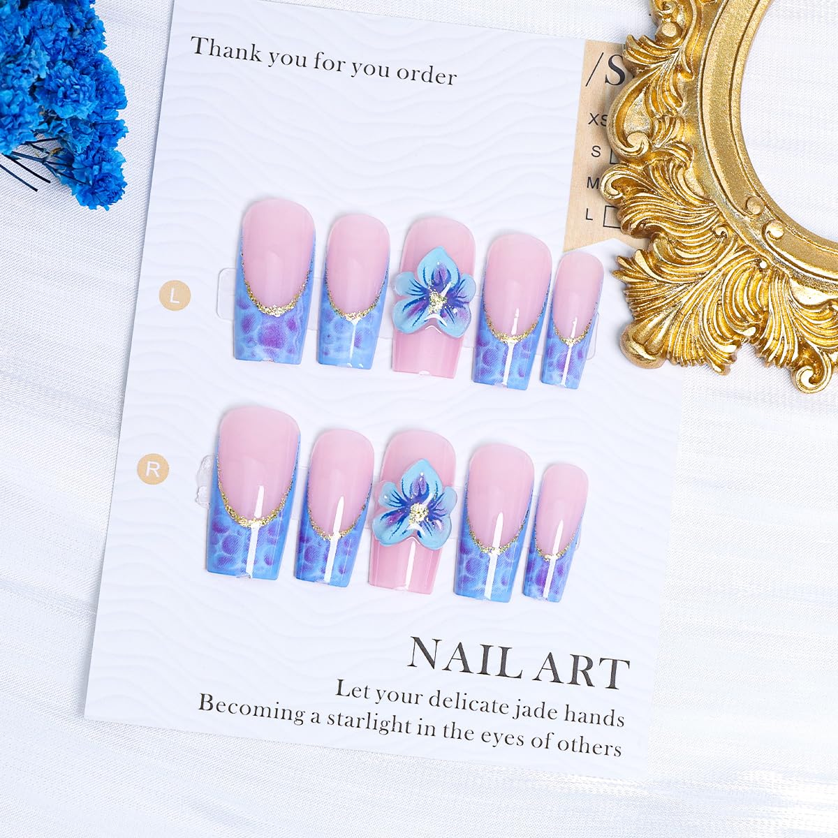 24Pcs Blue French Tip Press on Nails Medium Square Fake Nails Blue Flower Acrylic Nails Gold Glitter Nails Tip Design Summer Glue on Nails Cute False Nails 3D Floral Stick on Nails Decor for Women