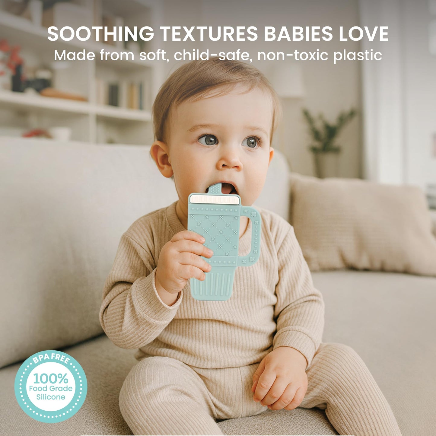 Lulyboo Sip & Soothe Silicone Teether 3 Pack - Food-Grade Soft Silicone, Textured Fruit-Shaped Teething Toys with Easy-Grip Handles for Sensory Development, Soothing Relief, Portable & Easy Clean