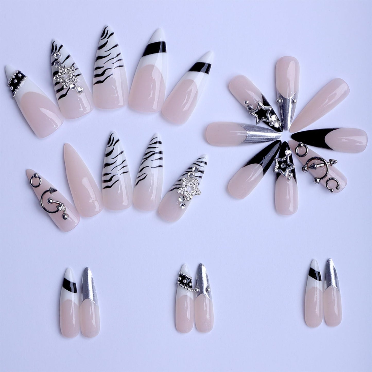 Long Press on Nails Almond Fake Nails Black Artificial Nail Silver Charm Rhinestones Stick on Nail for Women 24pcs