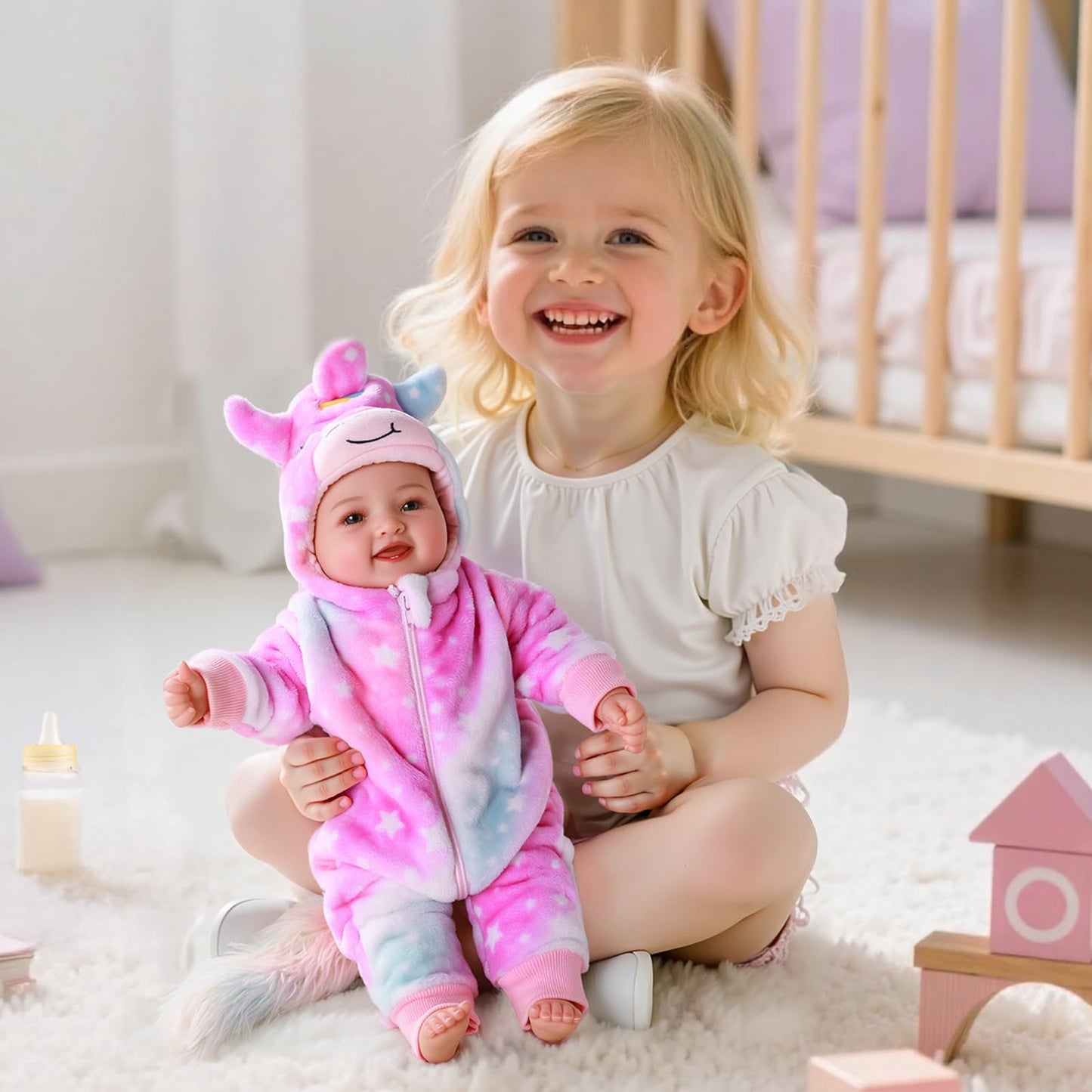 BABESIDE 14-Inch Soft Baby Doll with Baby Feeding Set – Easy to Hold with Cuddly Body – Realistic First Doll for Pretend Play