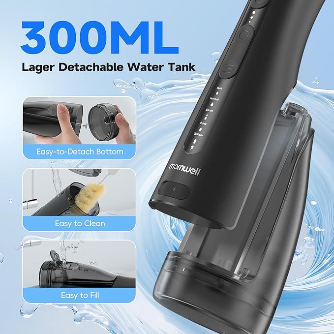 Mornwell Water Dental Flosser Cordless for Teeth Cleaning, 5 Modes Waterproof Oral Irrigator, 300ML Rechargeable Gum Braces Flossers Cleaner, Portable Electric Flossing Machine for Travel Home (Black)