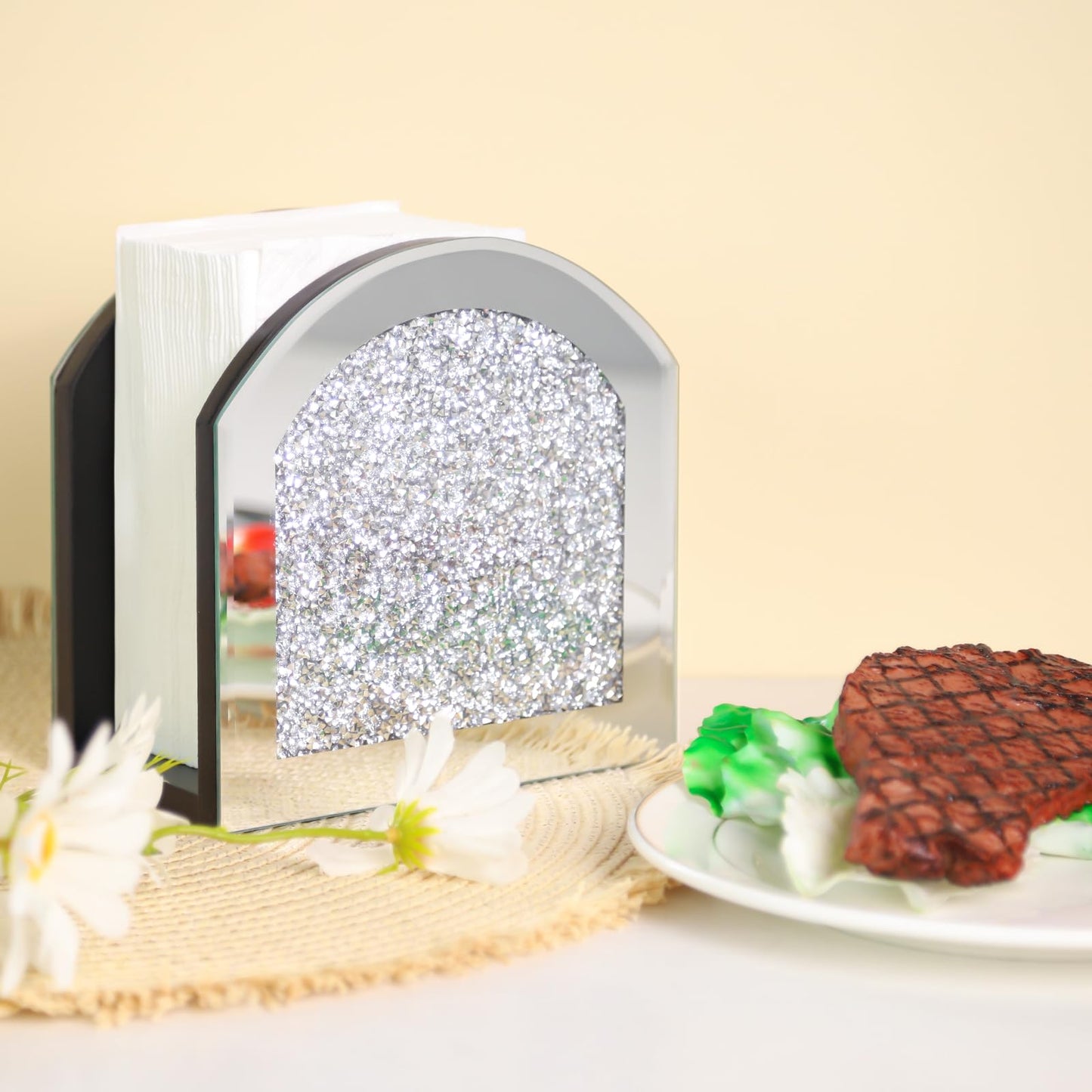 Poayewly Mirror Napkin Holder with Crushed Diamond, Bling Glass Silver Napkin Holder for Dining Table Kitchen Countertop and Home Décor