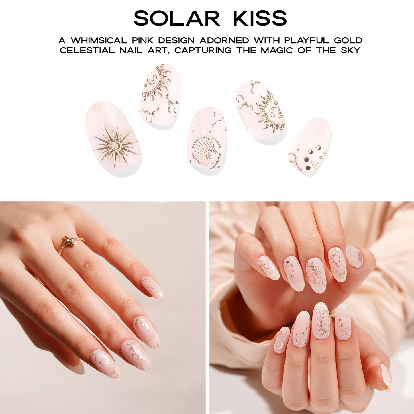 Semi-Cured Gel Nail Strips - 20 Salon-Quality Gel Sticker with UV Light Required, Long Lasting, Easy Application & Removal, Includes Prep Pad, Nail File, Wooden Stick (Pink Solar)