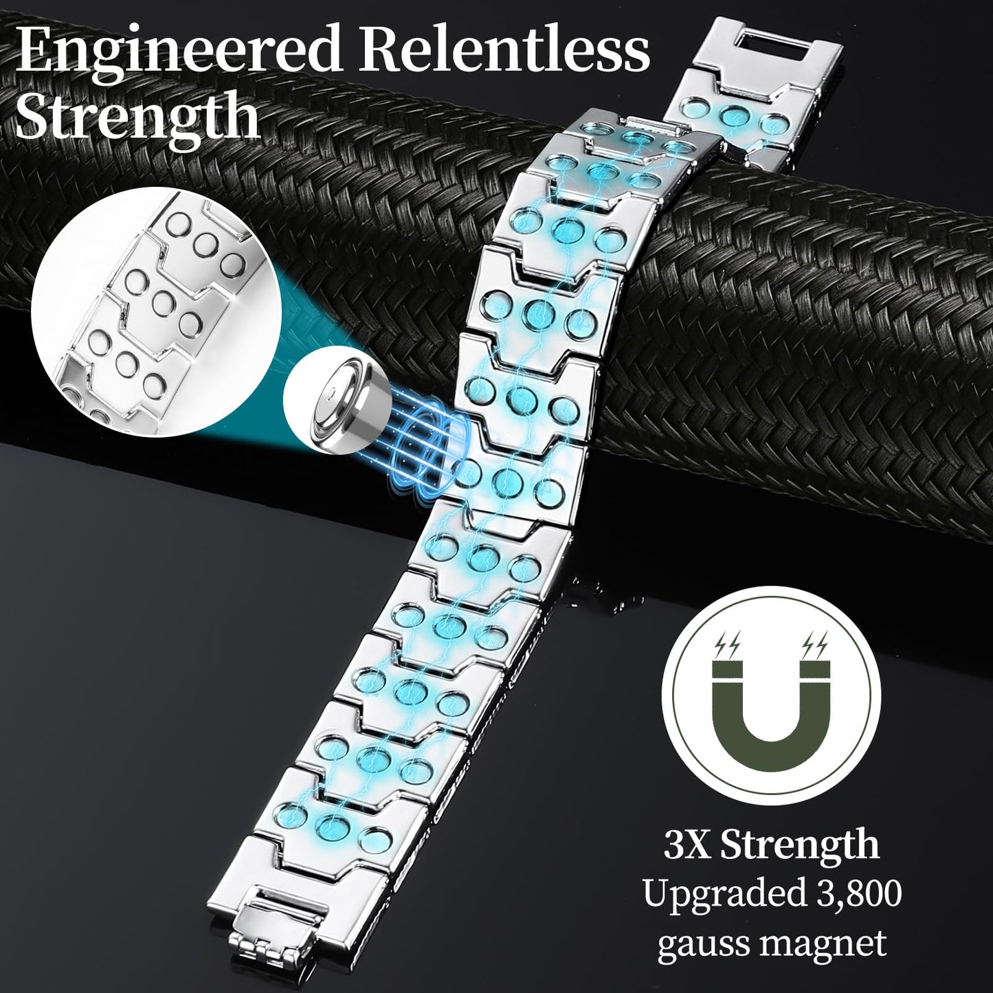 Fvbber 3X Magnetic Bracelets for Men Triple Strength Magnets with Pure Copper Adjustable Length Bracelet for Wrist Support & Wellness - Includes Sizing Tool and Gift Box (Silver)