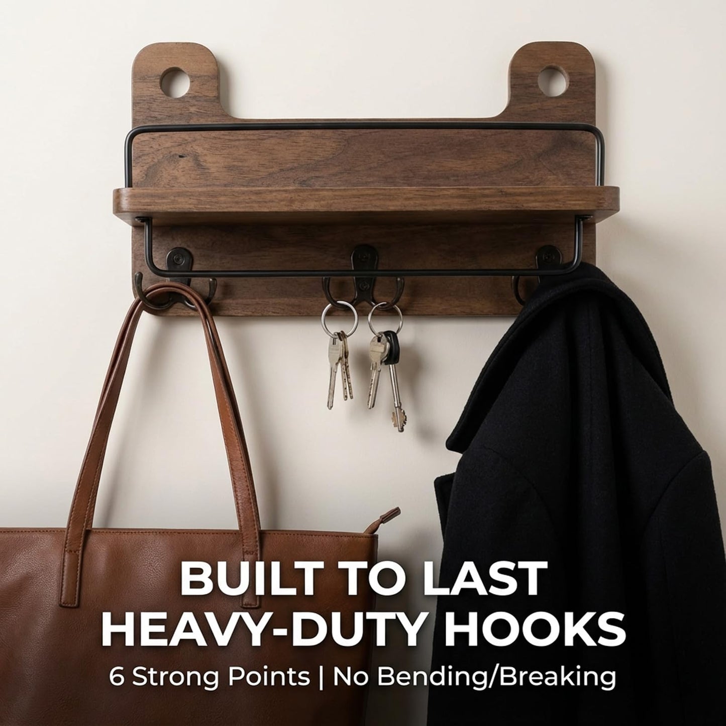 REFGY Key Holder for Wall with Shelf - 5.1" Deep Large Mail Organizer Wall Mount with 3 Heavy-Duty Dual Hooks & Safety Guardrail - Rustic Wood Wall Shelf for Entryway, Kitchen, Office
