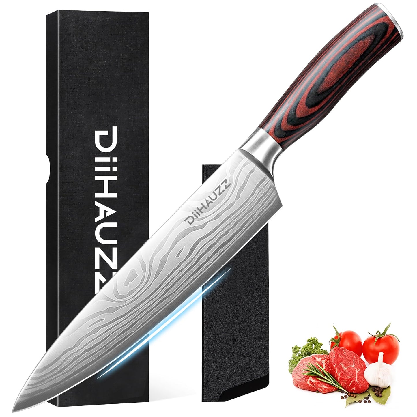DiiHAUZZ Chef Knife, 8 Inch Ultra Sharp Kitchen Knife, High Carbon Stainless Steel Chefs Knife with Ergonomic Handle, Professional Forged with Sheath and Gift Box for Men and Women, Mothers Day Gift