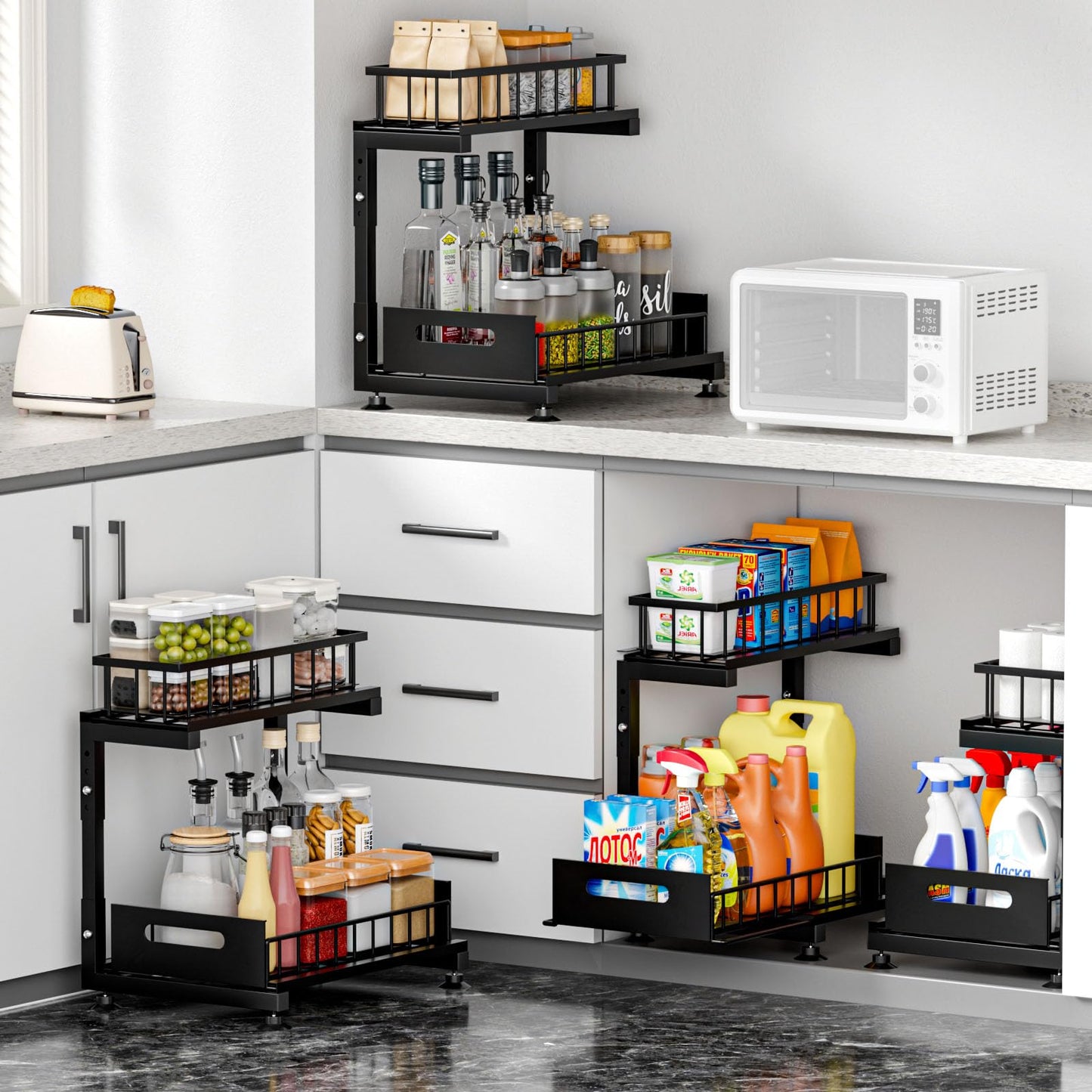 Under Sink Organizer, 2-Tier Premium Metal Pull-Out Racks with Adjustable Height, Heavy Duty Sliding Bin for Bathroom and Kitchen Cabinet Storage, Rust Resistant 2 Pack Black