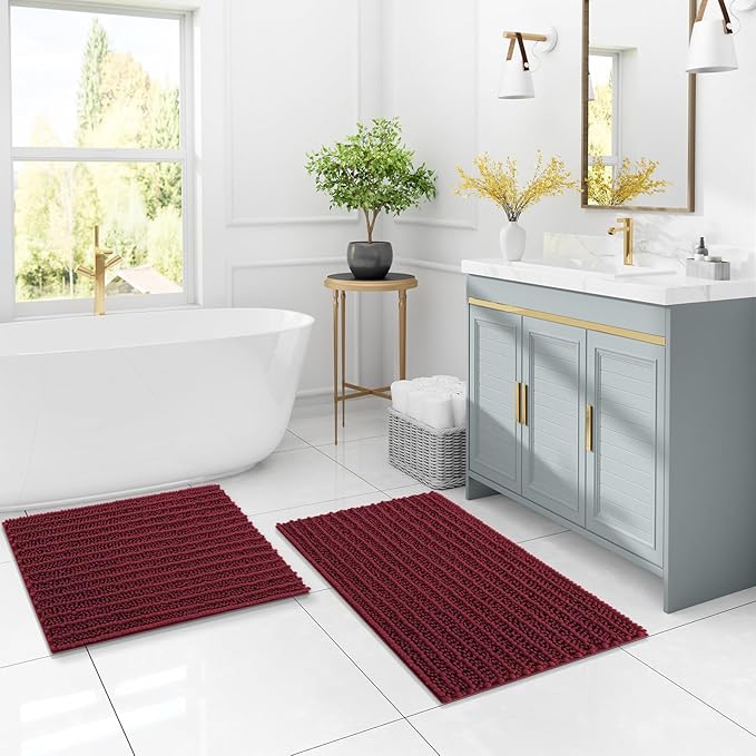 Arotive Luxury Chenille Bathroom Rug Mat, Extra Soft Thick Absorbent Shaggy Bath Rugs, Non-Slip Machine Wash Dry, Plush Bath Mats for Bathroom, Shower and Tub, 47x32, Burgundy