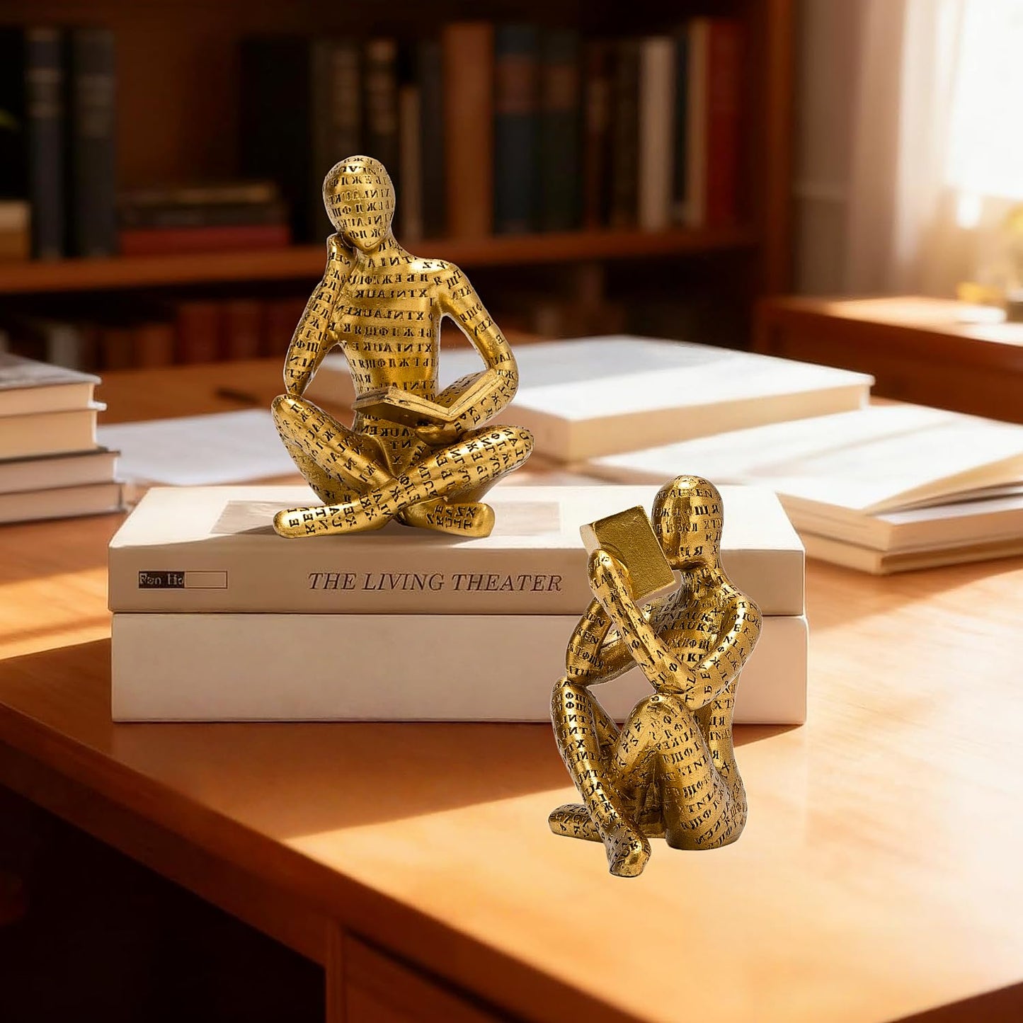 Antique Gold Reading Thinker Statue, Set of 2 Bookshelf Decor Abstract Art Thinker Sculptures, Modern Aesthetic Figurine Home Decoration Ornaments for Living Room Office Shelf Coffee Table Desk Decor