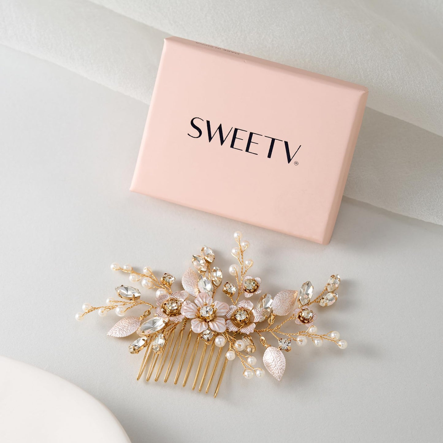 SWEETV Hair Comb, Handmade Rose Gold Bridal Hair Accessory for Weddings and Brides - 4.72 * 2.75 Inch, 2.Rose Gold