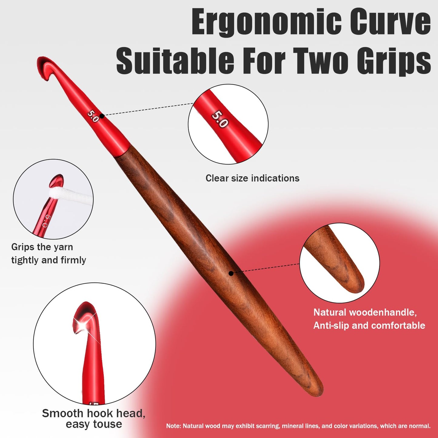 Giwrmu Crochet Hook Set, 5 Pcs Ergonomic Crochet Hooks, Colored Aluminum Crochet Hook with Wooden Handle for Arthritic Hands Knitted Dolls, Gloves, Sweaters, Blankets - 3.0mm/3.5mm/4.0mm/4.5mm/5.0mm