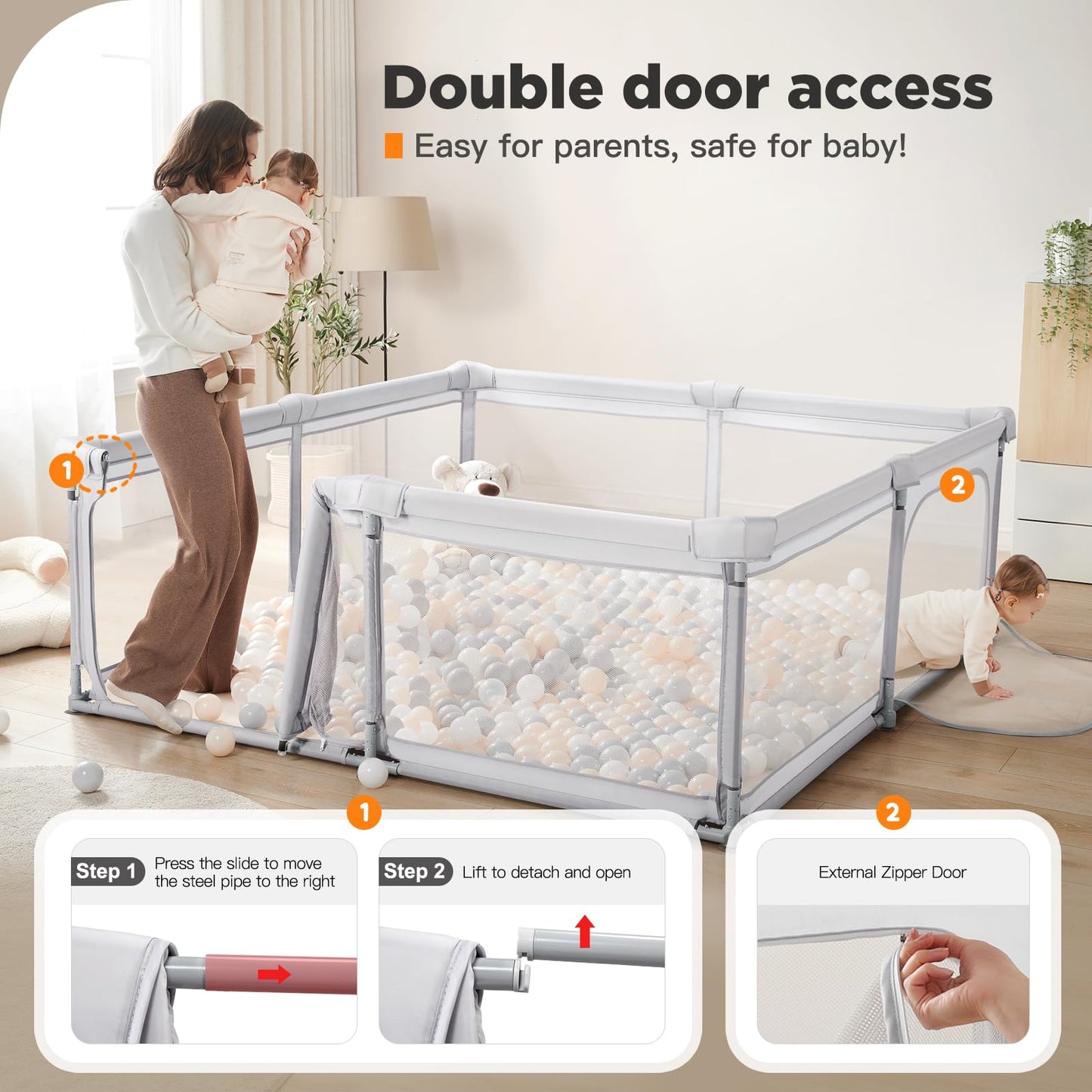 Baby Playpen,79"x59" Foldable Playpen for Babies and Toddlers with Gate,Large Play Pen with Zipper Door,Baby Play Pen Play Area(Light Grey)
