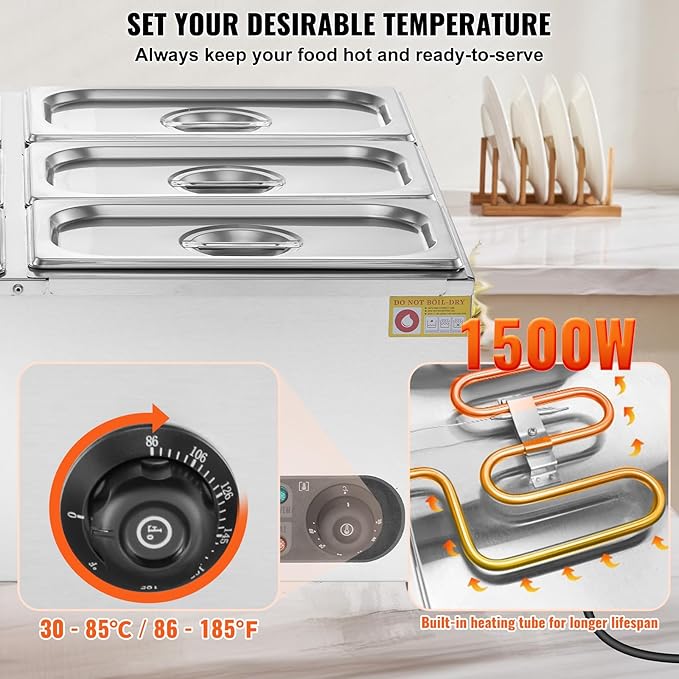 VEVOR 110V 6-Pan Commercial Food Warmer, 1200W Electric Steam Table 15cm/6inch Deep, Stainless Steel Buffet Bain Marie 48 Quart for Restaurants