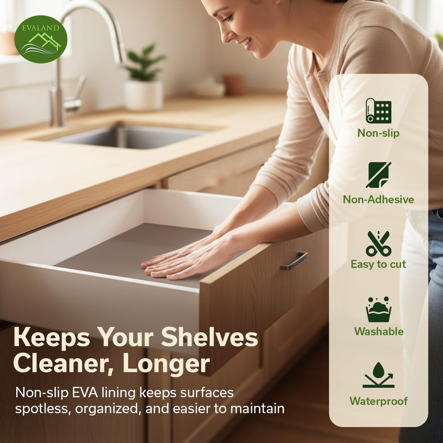 EVALAND Shelf Liners for Kitchen Cabinets Non-Adhesive 17.7" x 33 FT Beige Drawer Liner Non Slip, Washable Cabinet Liner, Waterproof Shelf Liners for Cabinets, Refrigerator Bathroom Pantry - Thickened