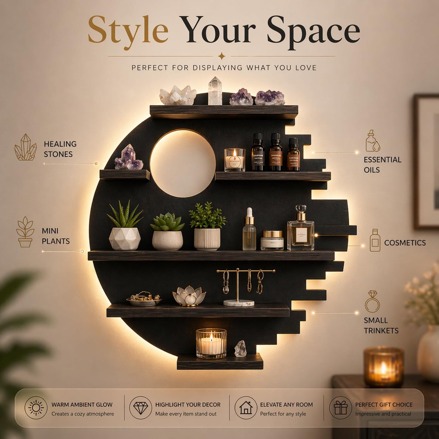 HBSGS LED Crystal Shelf for Wall, Wooden Floating Shelves with Light, Crystal Display Shelf for Healing Stones, Rock Gem Organizer, Witchy Wall Decor for Essential Oils, Trinkets, Boho Room Aesthetic