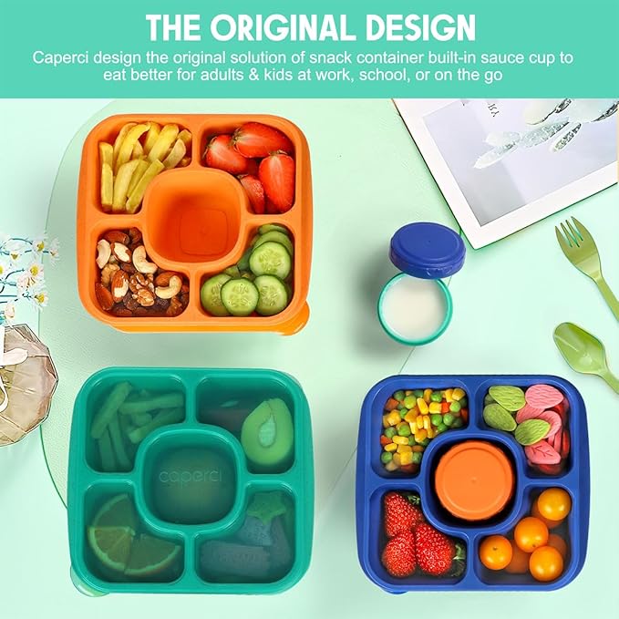 Caperci Original Lunchable Snack Containers for Kids & Adults - 5 Compartments Bento Snack Boxes with 4 Leakproof Small Containers, Wheat Straw, BPA-Free, Set of 4 (Jewel Brights)