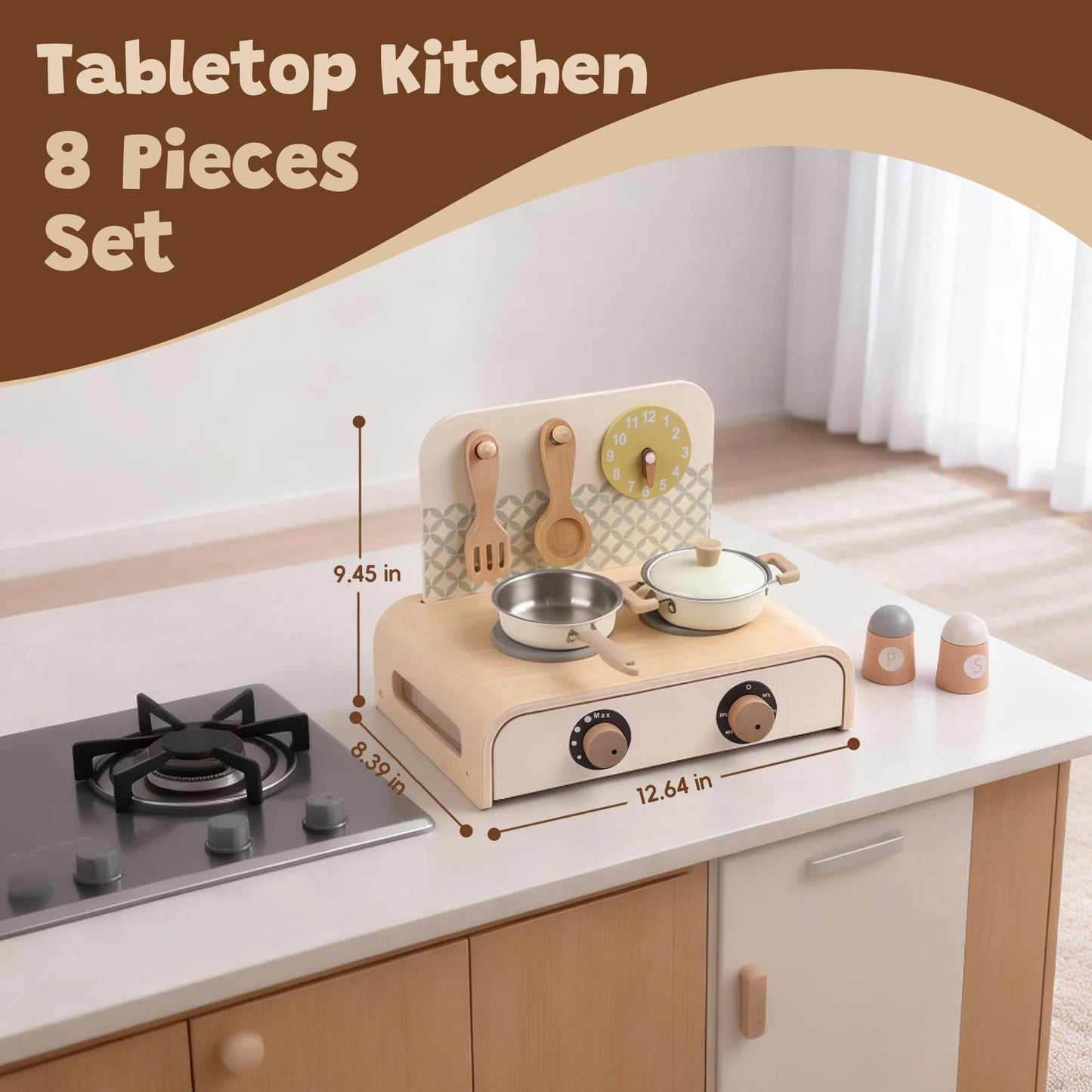 Freniland Wooden Play Kitchen for Kids – Tabletop Pretend Play Kitchen Set with Turning Knobs, Pot & Spatula – Mini Toddler Kitchen Playset for Boys & Girls Age 3+