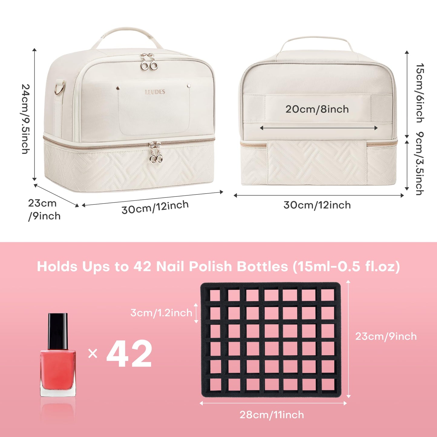 Leudes Nail Polish Organizer and Storage Holder 42 Bottles&Manicure Kit &Nail Lamp,Nail Stuff Bag Organizer Travel Case for Nail Tech Supplies Accessories Manicure Tools (Beige)
