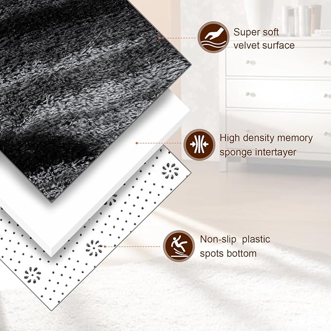 TWINNIS Super Soft Shaggy Rugs Fluffy Carpets, 5x8 Feet, Indoor Modern Plush Area Rugs for Living Room Bedroom Kids Room Nursery Home Decor, Upgrade Anti-Skid Rectangular Fuzzy Rug, Black Gray