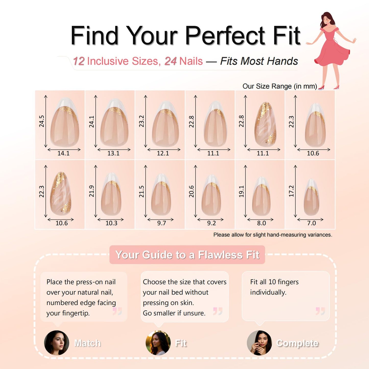 French Tip Press On Nails Short Almond, Nude Pink Fake Nails with Gold Foil Accent, Glossy Elegant Stick On Nails for Women, 24PCS Nail Kit