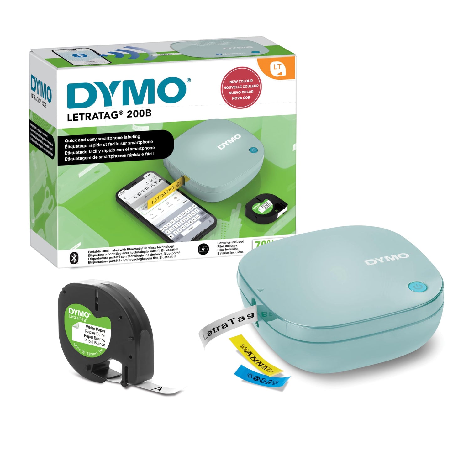 DYMO LetraTag 200B Bluetooth Label Maker, Compact Label Printer, Connects Through Bluetooth Wireless Technology to iOS and Android, Includes 1 White Paper Label Tape, Daydream Blue