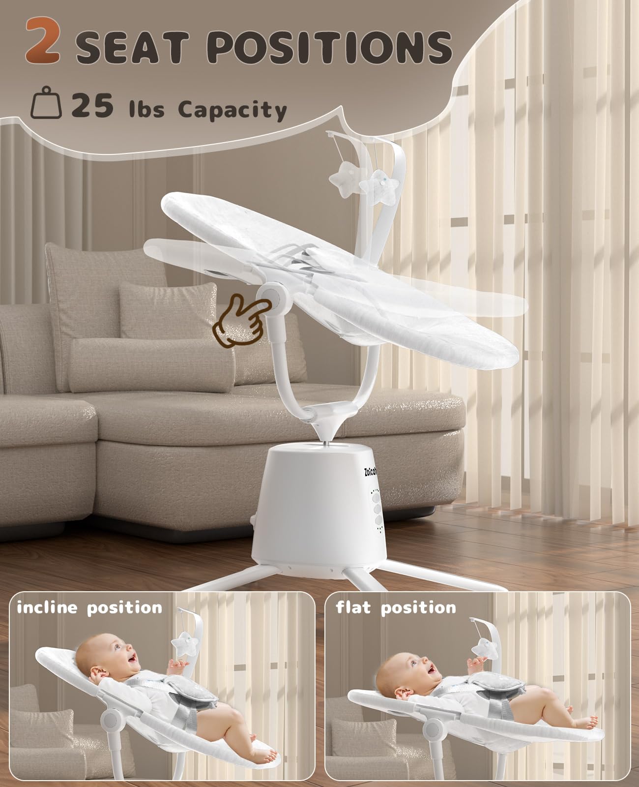 Zoicay Baby Swing,Baby Swings for Infants with 3 Modes & 5 Speeds, BT Enabled App & Remote Control, Electric Swing – 6 Lullabies and 3 Timer Setting, 2 Seat Positions and 5-Point Harness Swing (White)